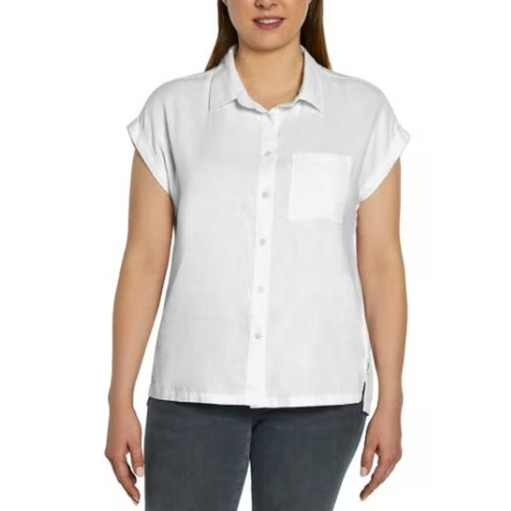 NEW Orvis Short Sleeve Rolled Cuffed Tacked Solid Front Linen Blend Shirt Top 14
